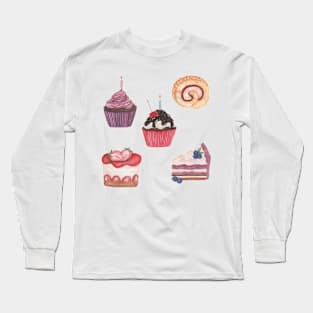 Cake cupcake set watercolor Long Sleeve T-Shirt